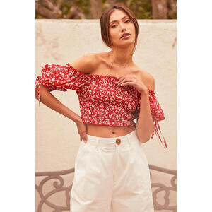 Lulus Red Floral Print Puff Sleeve Top - Size XL